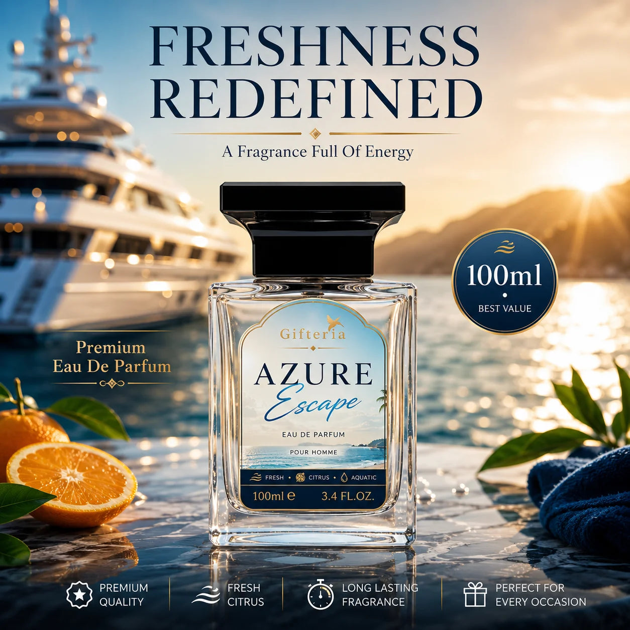 AZURE ESCAPE Perfume – Inspired by Afternoon Swim | Fresh Citrus Luxury for Men